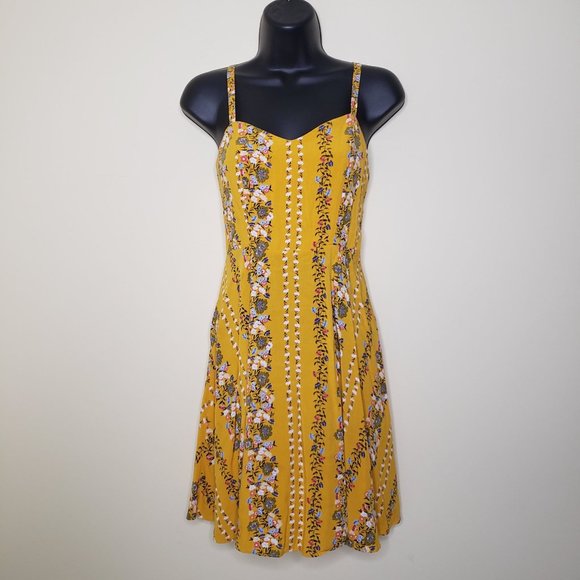 Old Navy Dresses & Skirts - OLD NAVY Mustard Yellow with Flowers Flowy Fit & Flare Summer Midi Dress Size XS
